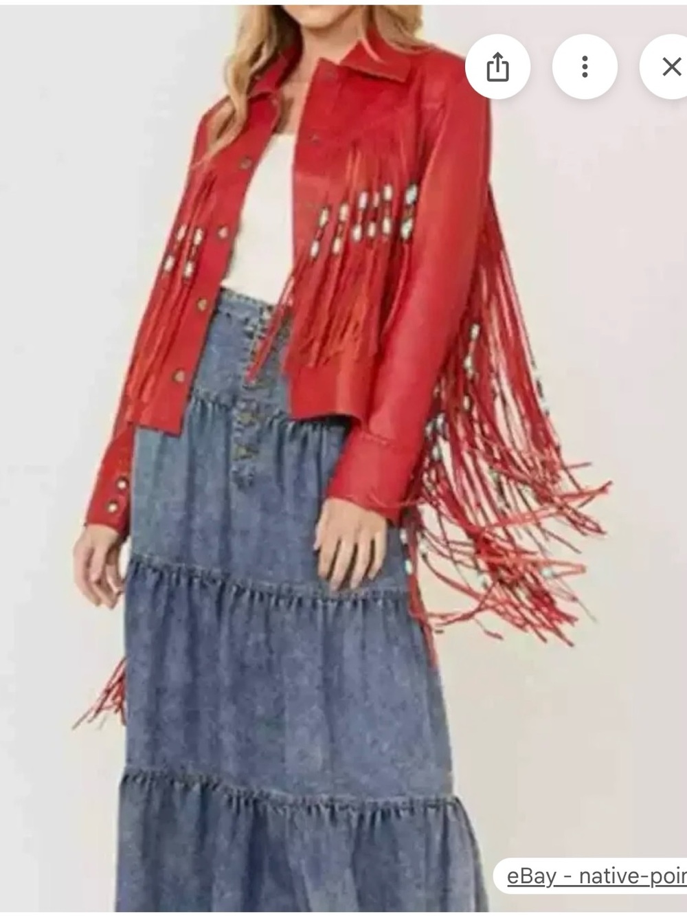 Red Fringe Leather Jacket with Stud Detailing